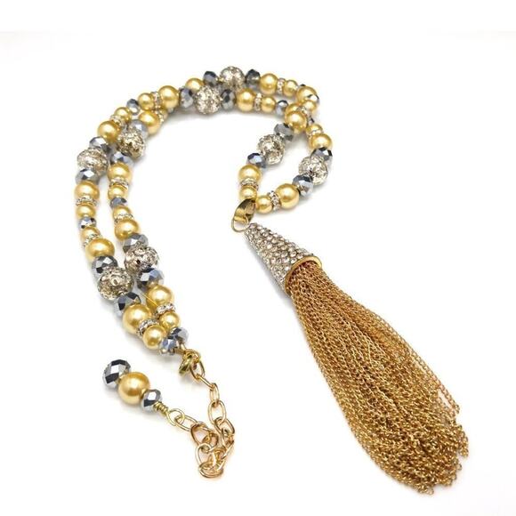 Artisan Gold Pearl Rhinestone Tassel Necklace 22” Vintage Inspired Jewelry - Picture 2 of 9